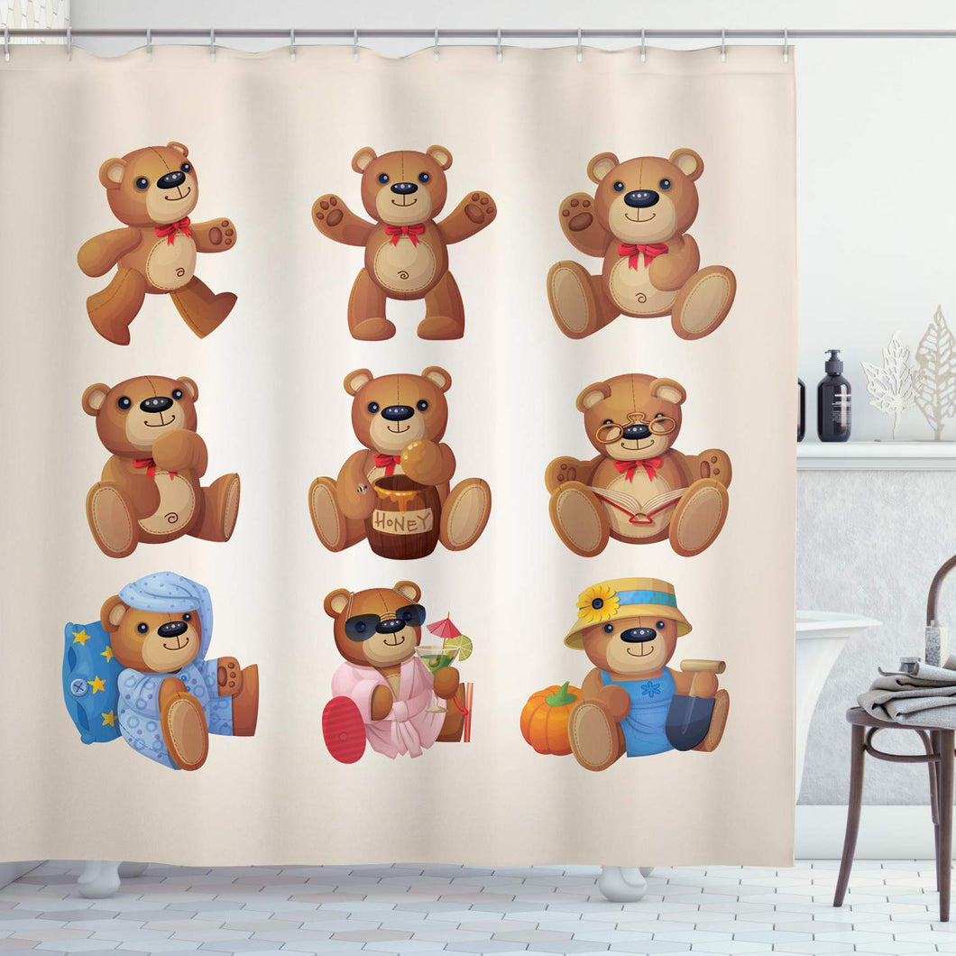 Ambesonne Cartoon Shower Curtain, Happy Toy Teddy Bears with Funny Different Faces Nostalgic Kids Design, Cloth Fabric Bathroom Decor Set with Hooks, 70