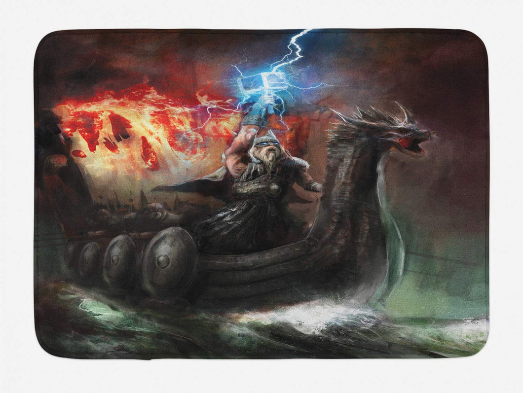 Ambesonne Dragon Bath Mat, Imaginary Wrath of Ancient Figure Vikings Royal Boat with Dragon Head Storm Rays, Plush Bathroom Decor Mat with Non Slip Backing, 29.5 W X 17.5 W Inches, Multicolor