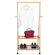 Storage songmics rolling coat rack bamboo garment rack clothes hanging rail with 2 shelves 4 hooks for shoes hats and scarves in the hallway living room guest room