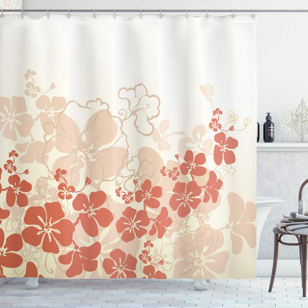 Ambesonne Hawaiian Shower Curtain, Hawaii Flowers Silhouette Tropical Plants Ornamental Floral Illustration, Cloth Fabric Bathroom Decor Set with Hooks, 70