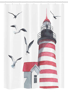Ambesonne Lighthouse Stall Shower Curtain, Lighthouse and Seagulls on The Beach Navigational Aid Seaside Waterways Art, Fabric Bathroom Decor Set with Hooks, 54 W x 78 L Inches, Red Grey White
