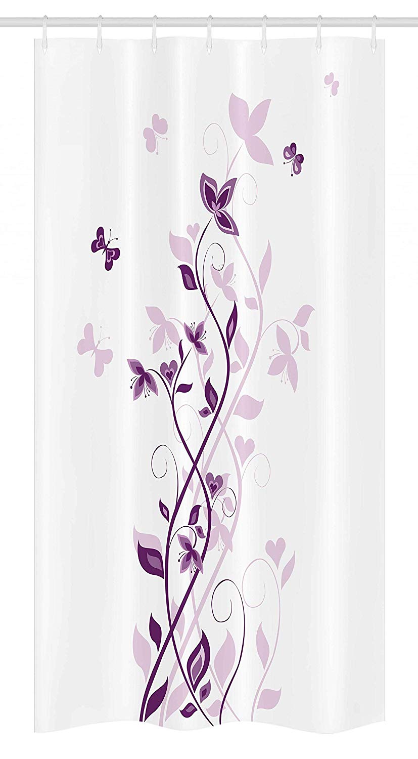 Ambesonne Purple Stall Shower Curtain, Violet Tree Swirling Persian Lilac Blooms with Butterfly Ornamental Plant Graphic, Fabric Bathroom Decor Set with Hooks, 36