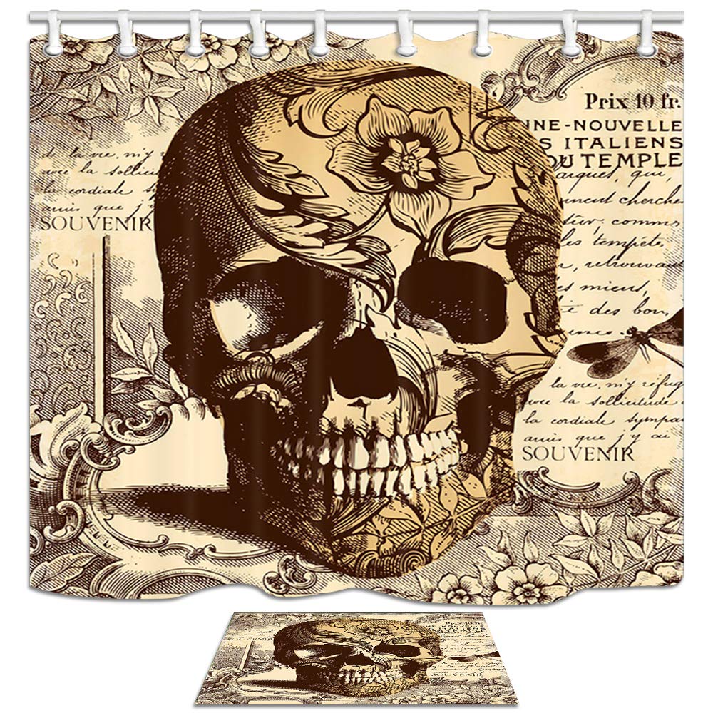 ChuaMi Skull Shower Curtain Set, Brown Yellow Skull Head Mirror Text and Flowers Theme, Bathroom Decor Design Polyester Fabric 69 x 70 Inches with Hooks and Anti-Slip 40 x 60cm Bath Mat
