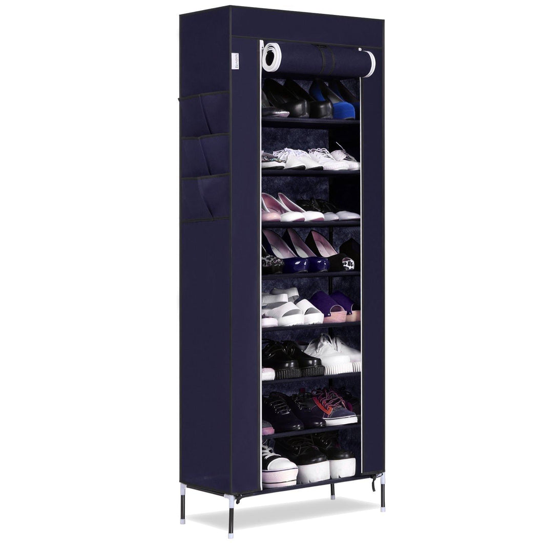 Home bluefringe shoe rack with dustproof cover shoe closet shoe cabinet storage organizer dustproof 27 pairs shoe cabinet multi function shelf organizer navy blue 10 tier