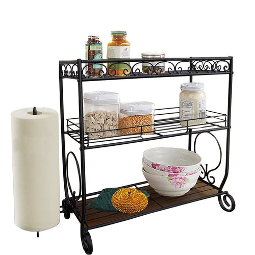VANRA 3 Tier Spice Rack Kitchen Spice Stand Holder Jars Storage Organizer Shelf Rack with Tissue Dispenser Rack/Bathroom Paper Towel Holder & Towel Bar (Black)