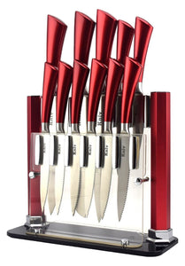 Red Knife Set by Kniv | Chefs, Paring, Utility, Carving, Bread, Steak Knives, 11 Comfortable Good Weight Pieces, Cut Like a Professional Chef (Sharp Wedding Gift)