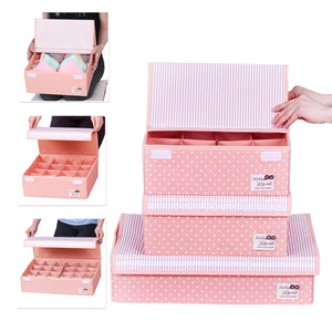 HOMESGU 3 Set Adjustable Storage Box Fabric Storage Bins Foldable Closet Underwear Organizer Drawer Divider kit for Underwear Bras Socks Ties(Set(Bra Box+16-Grid+24-Grid), Dot Pink)