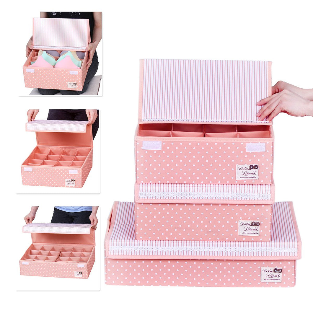 HOMESGU 3 Set Adjustable Storage Box Fabric Storage Bins Foldable Closet Underwear Organizer Drawer Divider kit for Underwear Bras Socks Ties(Set(Bra Box+16-Grid+24-Grid), Dot Pink)