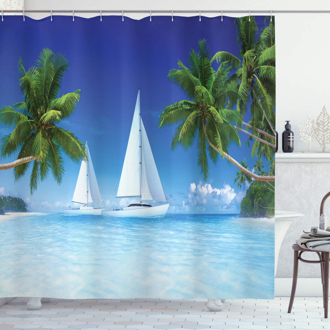 Ambesonne Tropical Palm Trees and Ocean Houseboat Decor Collection, Nautical Window Scenery Sailboat Sea Life Seascapes Caribbean, Polyester Fabric Bathroom Shower Curtain Set with Hooks