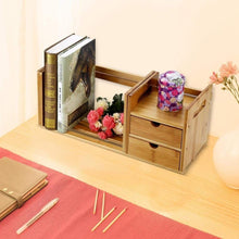 New cocoarm bamboo wood desk organizer expendable tabletop bookshelf office storage adjustable table accessory book shelf media rack with 2 drawers cd holder display for home dorm kitchen plants