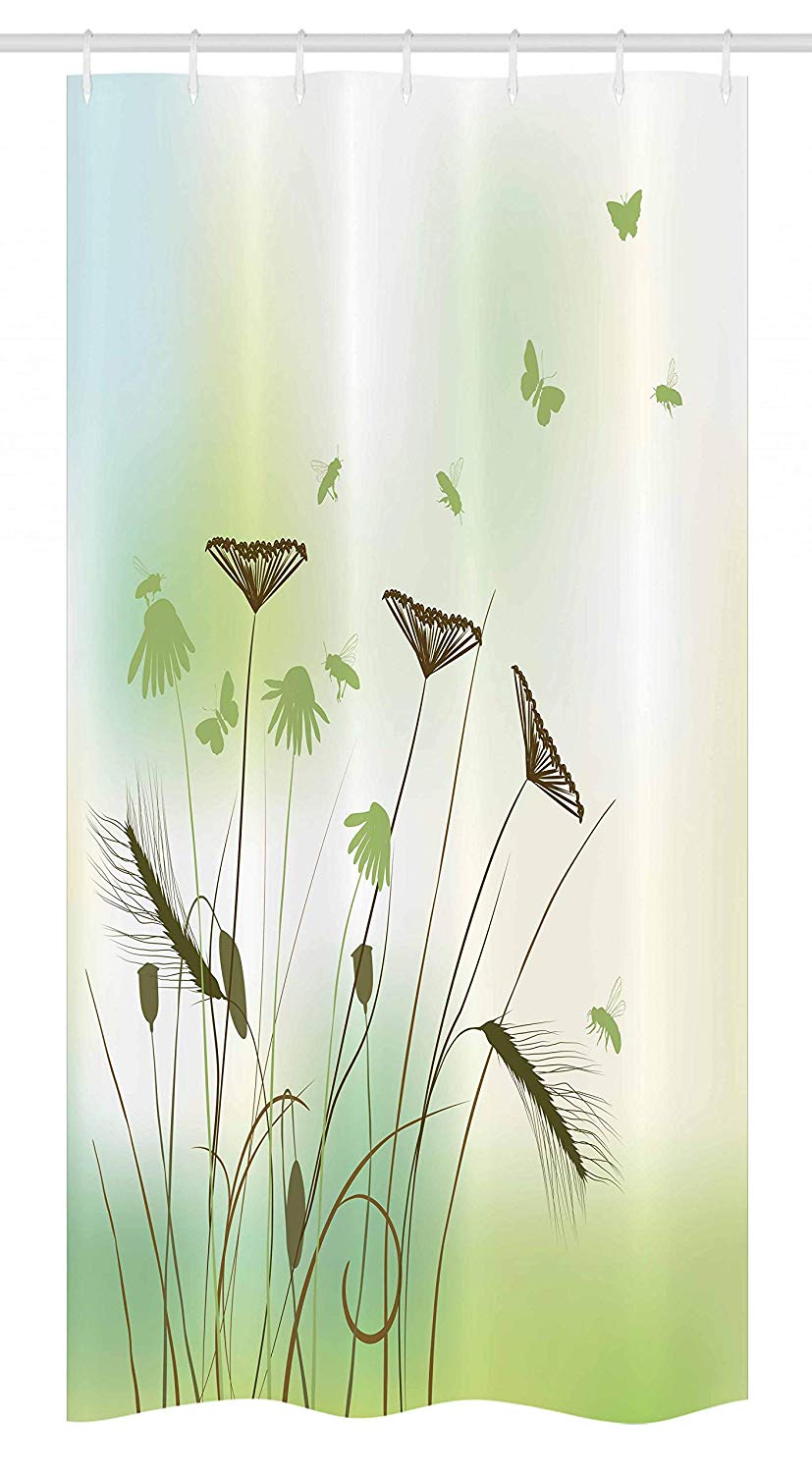 Ambesonne Butterfly Stall Shower Curtain, Silhouette of Dragonflies Bees Butterflies Flying All over the Flowers Spring Theme, Fabric Bathroom Decor Set with Hooks, 36 W x 72 L Inches, Green
