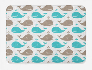 Ambesonne Sea Animals Bath Mat, Pattern Smiling Whale Cartoon Repeated Design Children Illustration, Plush Bathroom Decor Mat with Non Slip Backing, 29.5" X 17.5", Turquoise White