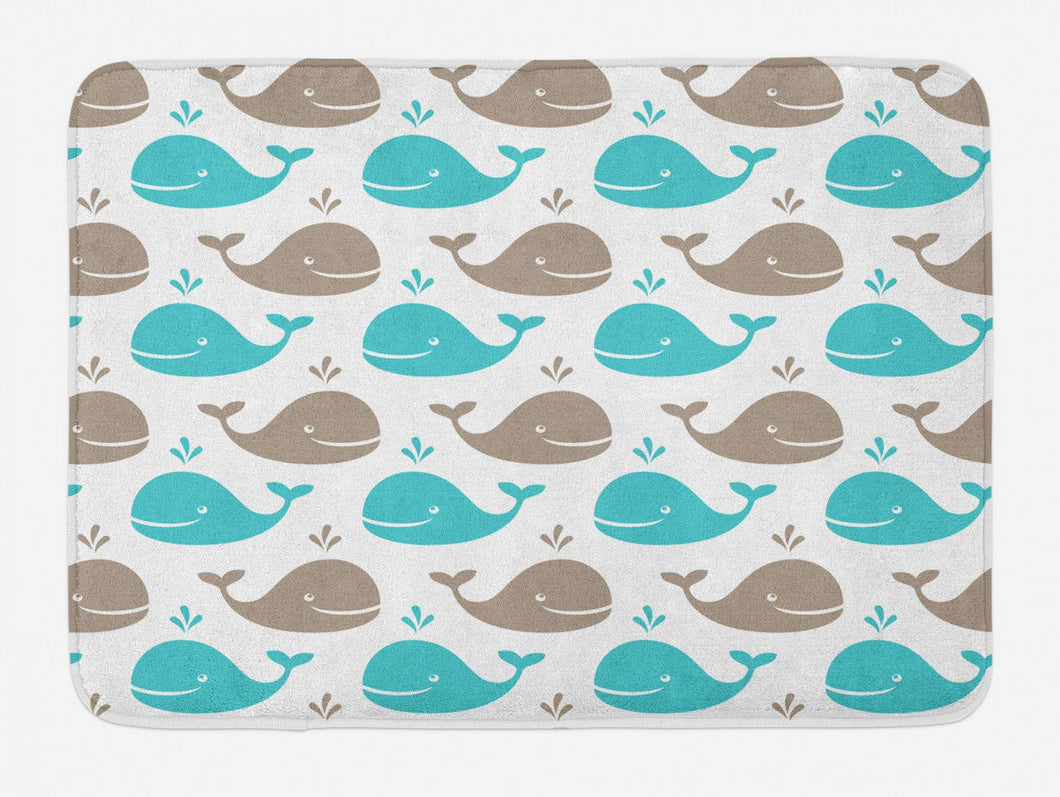 Ambesonne Sea Animals Bath Mat, Pattern Smiling Whale Cartoon Repeated Design Children Illustration, Plush Bathroom Decor Mat with Non Slip Backing, 29.5