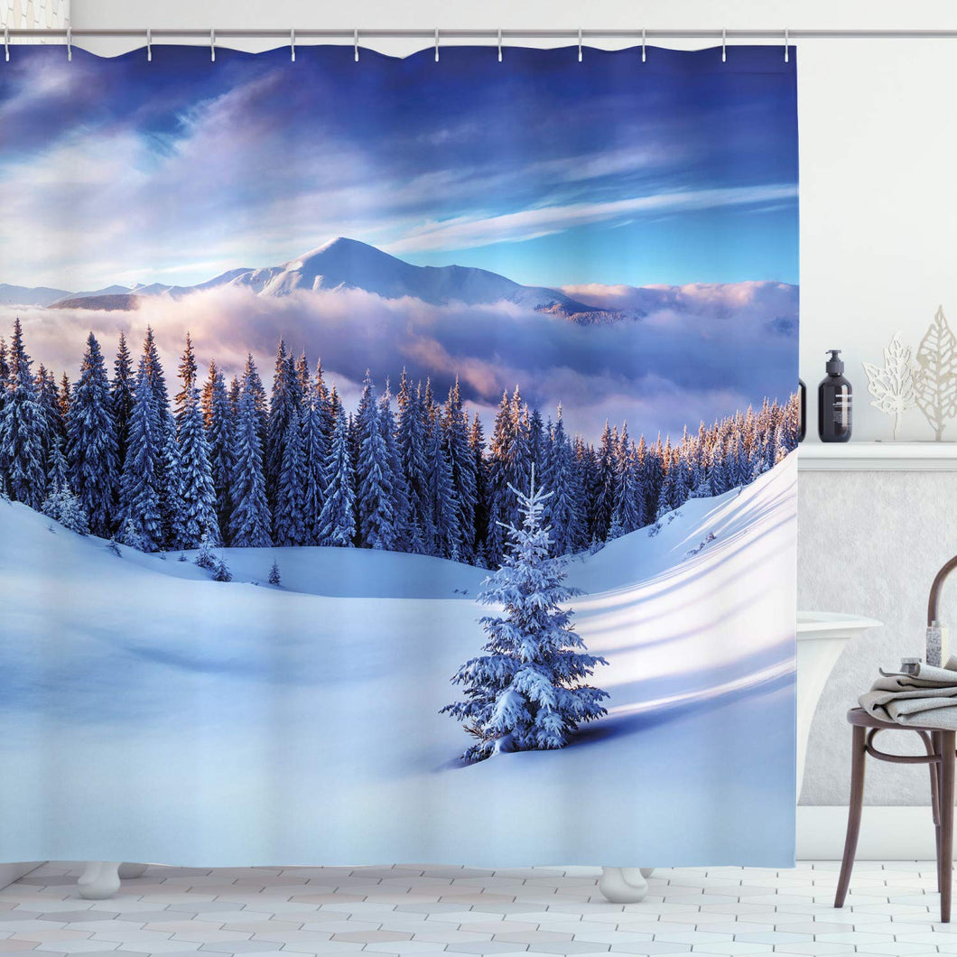 Ambesonne Winter Decorations Shower Curtain, Surreal Winter Scenery with High Mountain Peaks and Snowy Pine Trees, Fabric Bathroom Decor Set with Hooks, 84 Inches Extra Long, Blue White