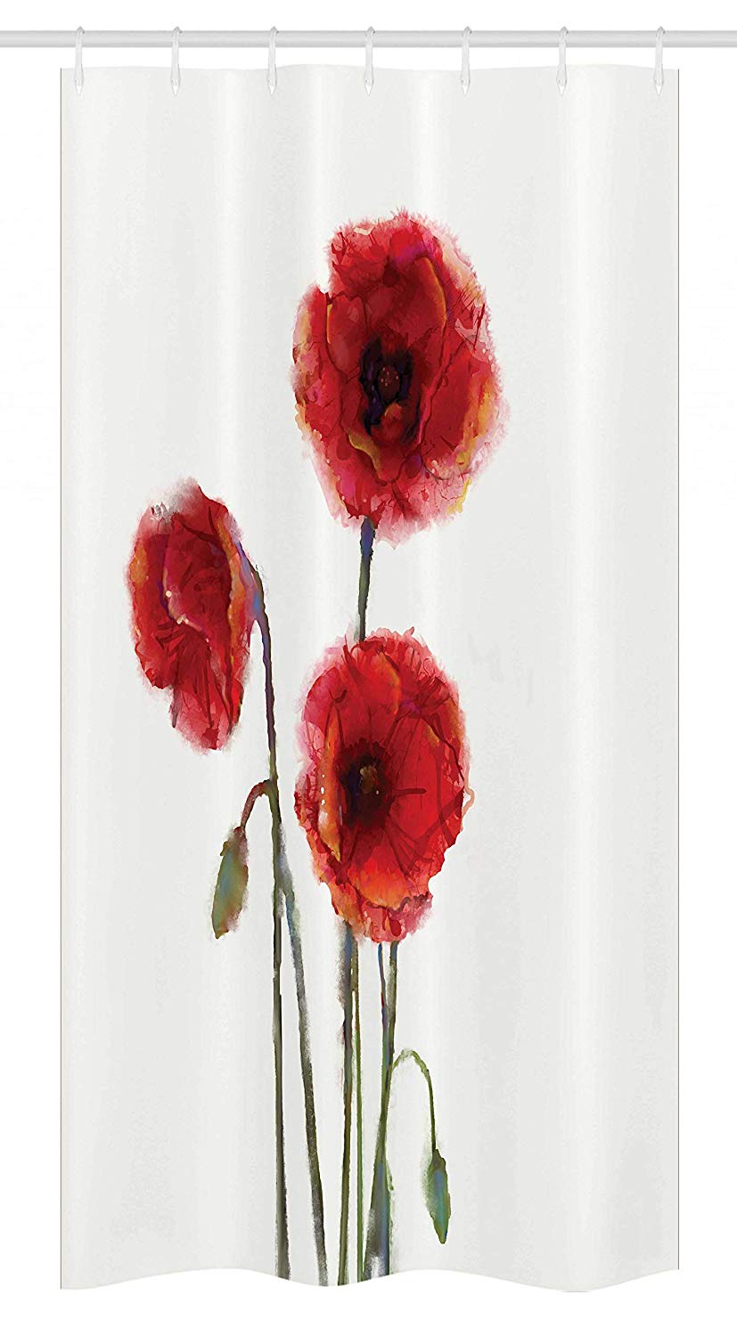 Ambesonne Watercolor Flower Stall Shower Curtain, Poppy Flowers Spring Blossoms with Watercolor Painting Effect, Fabric Bathroom Decor Set with Hooks, 36 W x 72 L Inches, White Red Sage Green