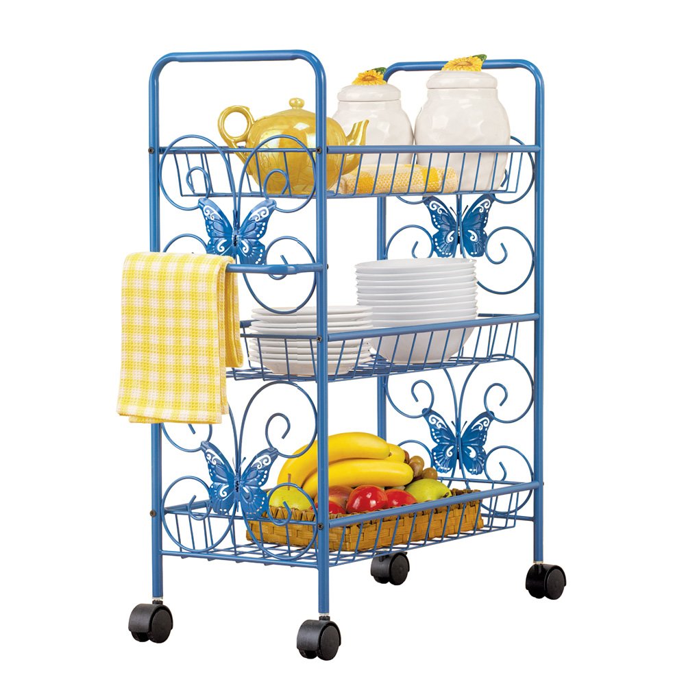 Blue Butterfly 3-Tier Rolling Metal Shelf Cart with Towel Rack, Blue