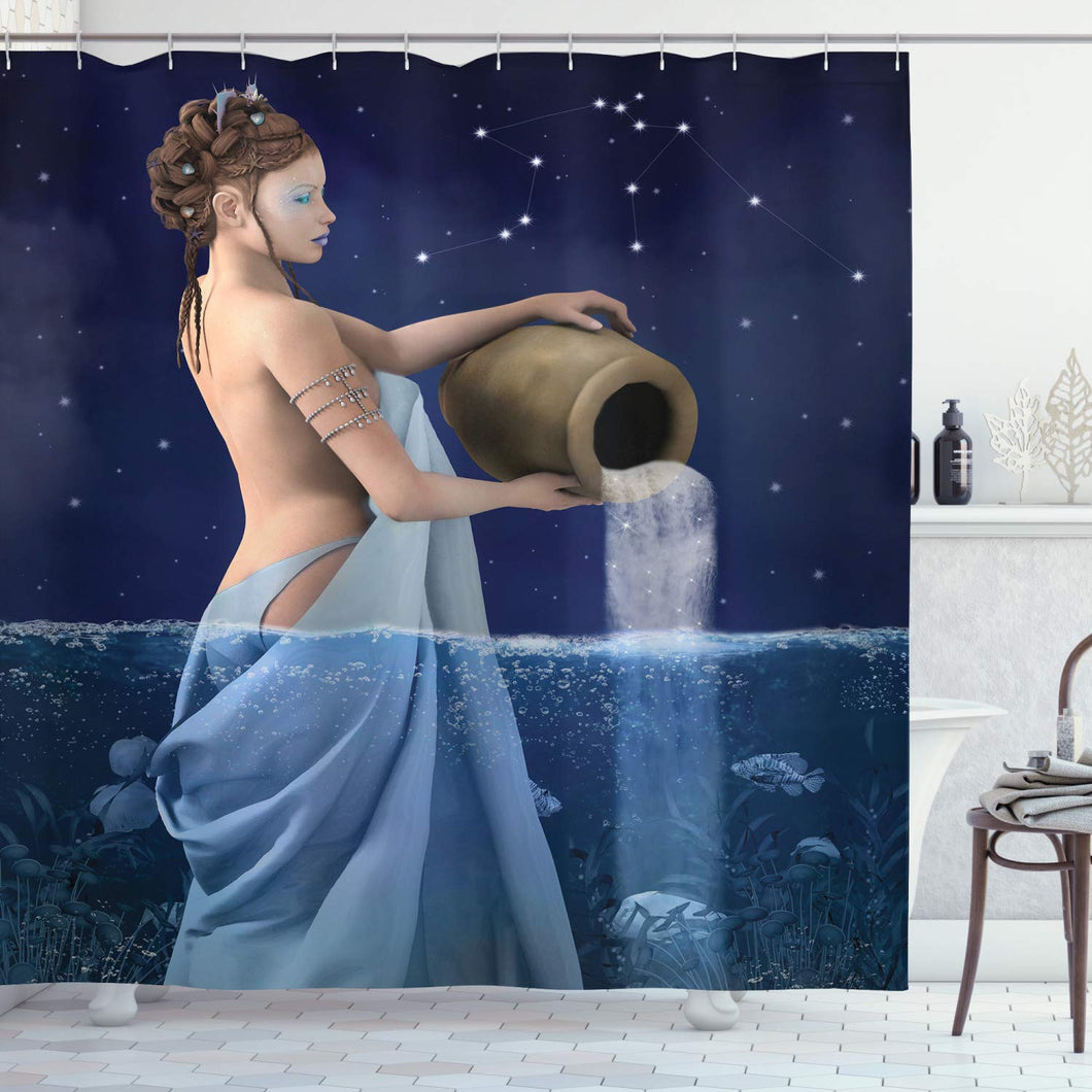 Ambesonne Astrology Shower Curtain, Aquarius Lady with Pail in The Sea Water Signs Saturn Mystry at Night Stars, Cloth Fabric Bathroom Decor Set with Hooks, 75