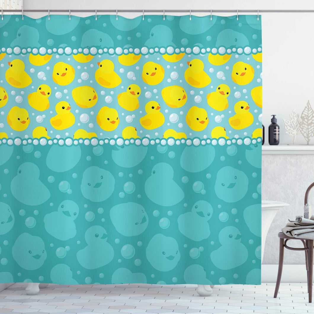 Ambesonne Rubber Duck Shower Curtain, Yellow Cartoon Duckies Swimming in Water Pattern with Fun Bubbles Aqua Colors, Cloth Fabric Bathroom Decor Set with Hooks, 70