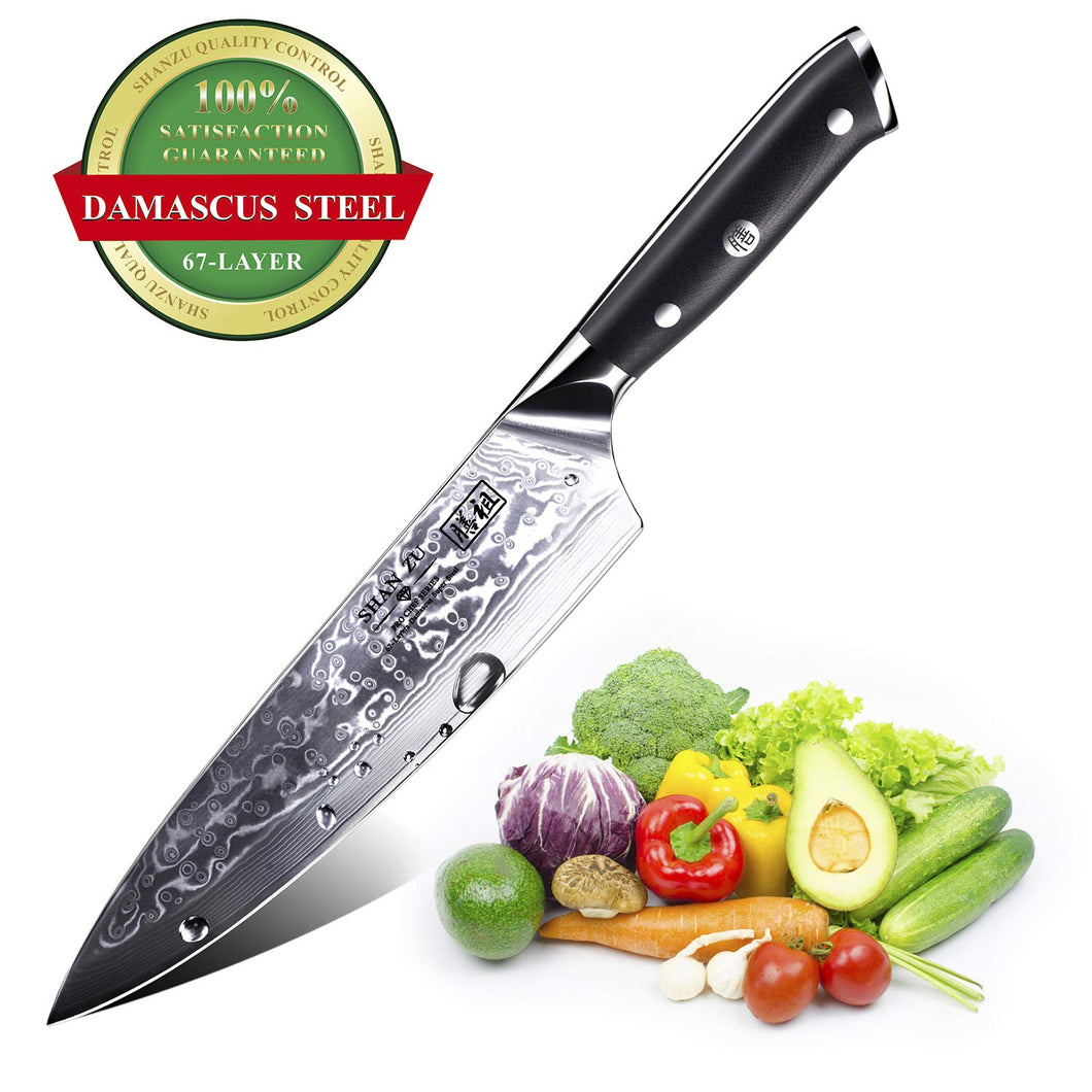 Chef Knife, Damascus Steel Knife 8 Inch, SHAN ZU Professional Chefs Knife Sharp High Carbon Super Steel Kitchen Utility Knife with G10 Handle, Gift Box