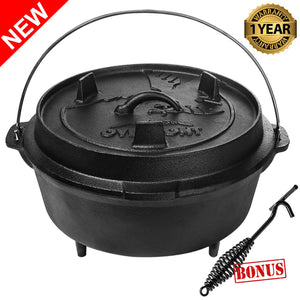 Overmont 6 Quart Camp Dutch Oven All-round Cast Iron Casserole Pot Dual Function Lid Griddle Pre Seasoned with Lid Lifter Handle for Camping Cooking BBQ Baking