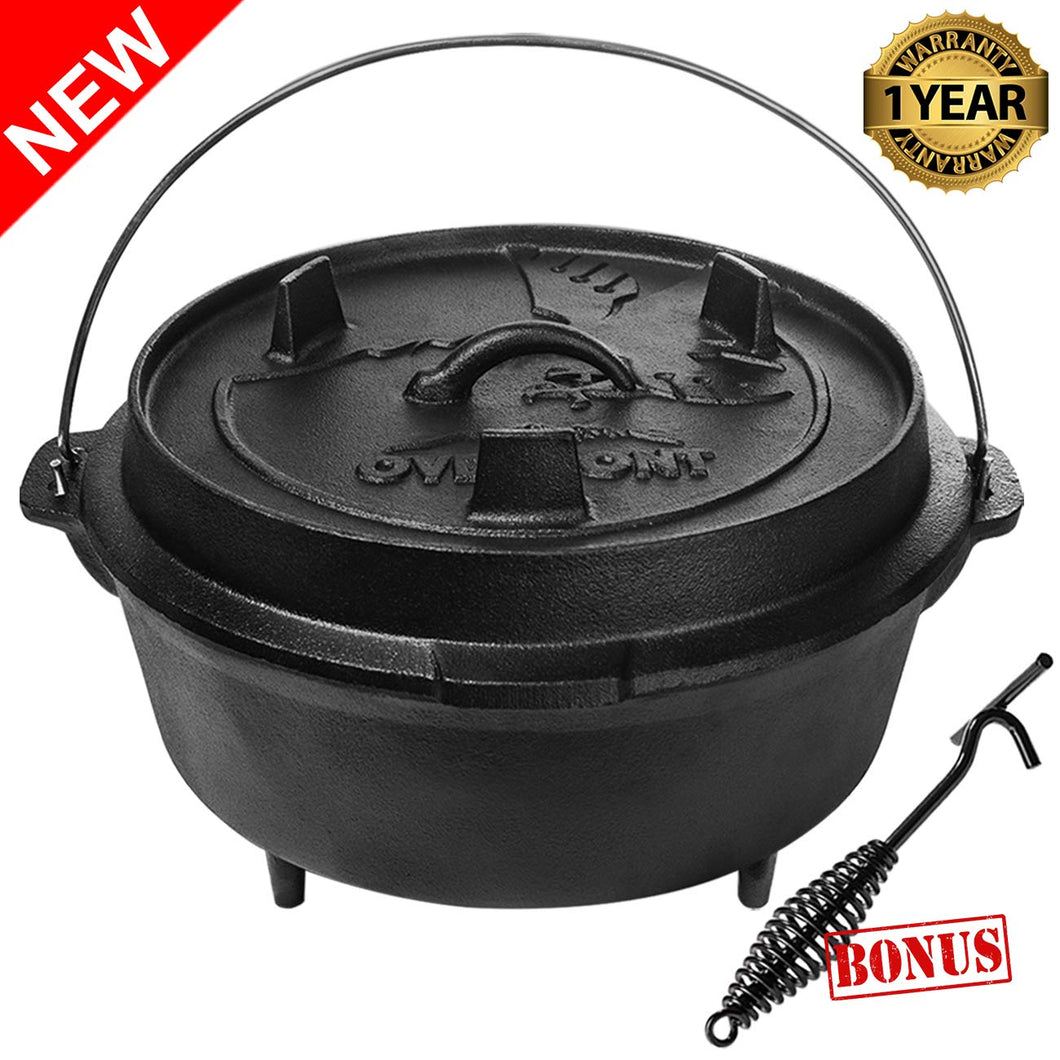 Overmont 6 Quart Camp Dutch Oven All-round Cast Iron Casserole Pot Dual Function Lid Griddle Pre Seasoned with Lid Lifter Handle for Camping Cooking BBQ Baking