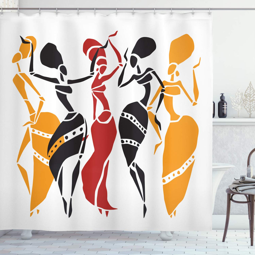 Ambesonne African Decorations Collection, African Lady Dancers Body Silhouettes in Motion Pose Exotic Characters Theme, Polyester Fabric Bathroom Shower Curtain Set with Hooks, Black Yellow Red