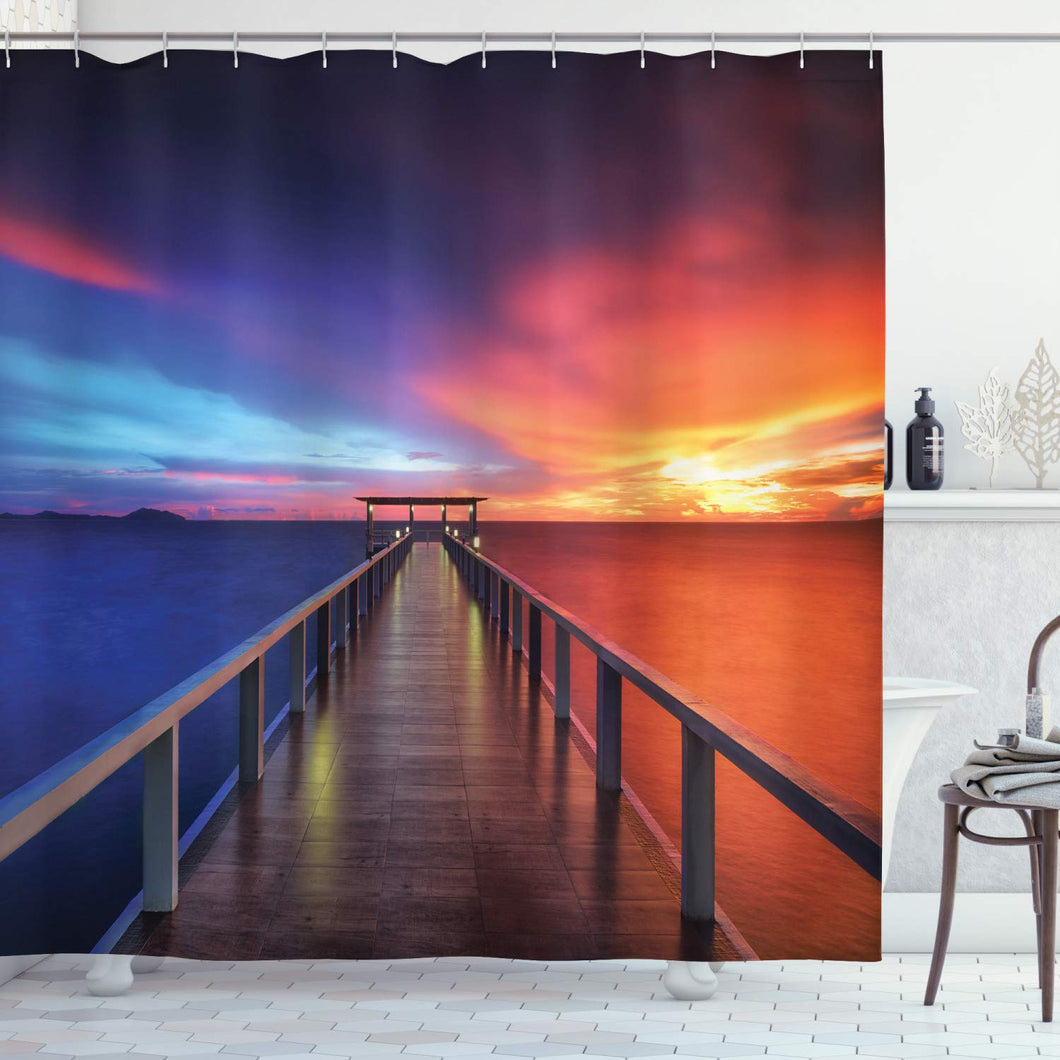 Ambesonne Giclee Bathroom Art Decor Collection, Beach Theme Seascapes Sunset Bridge Painting Pictures Phuket Lagoon, Polyester Fabric Bathroom Shower Curtain Set with Hooks, Blue Red Orange Brown