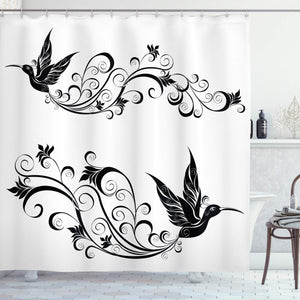 Ambesonne Hummingbirds Decorations Collection, Tattoo Hummingbird Silhouette Wildlife Decorative Curvy Stems Blooms Imagery, Polyester Fabric Bathroom Shower Curtain Set with Hooks, Black White