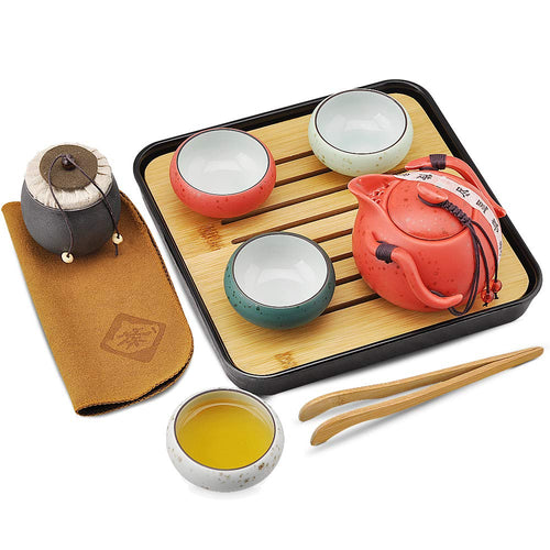 Syiswei Portable Travel Kung Fu Tea set Chinese Tea Set Chinese/Japanese Style Traditional Ceramic Gifts, Porcelain Teapots and Porcelain teacups, Tea Can and Bamboo Tea Trays,Travel Bags