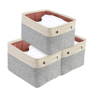 DECOMOMO Extra Large Foldable Storage Bin [3-Pack] Collapsible Sturdy Cationic Fabric Storage Basket Cube W/Handles for Organizing Shelf Nursery Home Closet & Office - Grey & Beige 15.8 x 12.5 x 10