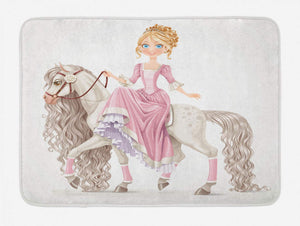 Ambesonne Feminine Bath Mat, Smiling Princess on a White Horse with a Long Mane Happiness Theme Print, Plush Bathroom Decor Mat with Non Slip Backing, 29.5" X 17.5", Pink Cream