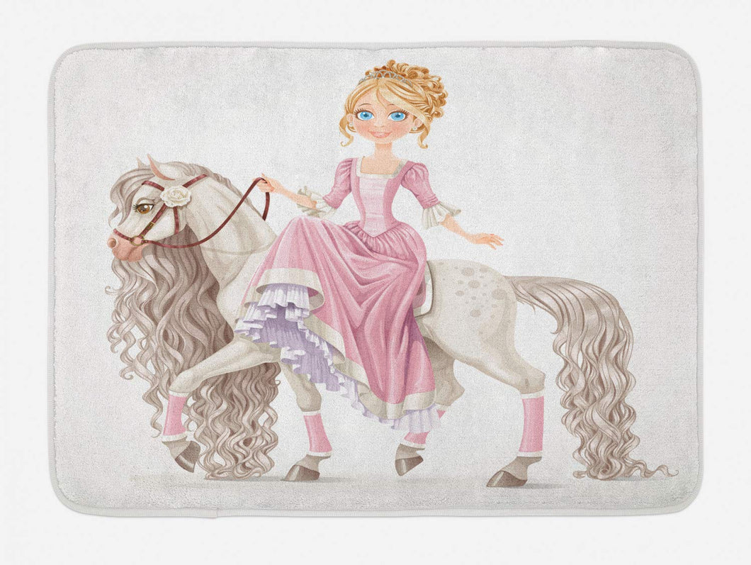 Ambesonne Feminine Bath Mat, Smiling Princess on a White Horse with a Long Mane Happiness Theme Print, Plush Bathroom Decor Mat with Non Slip Backing, 29.5