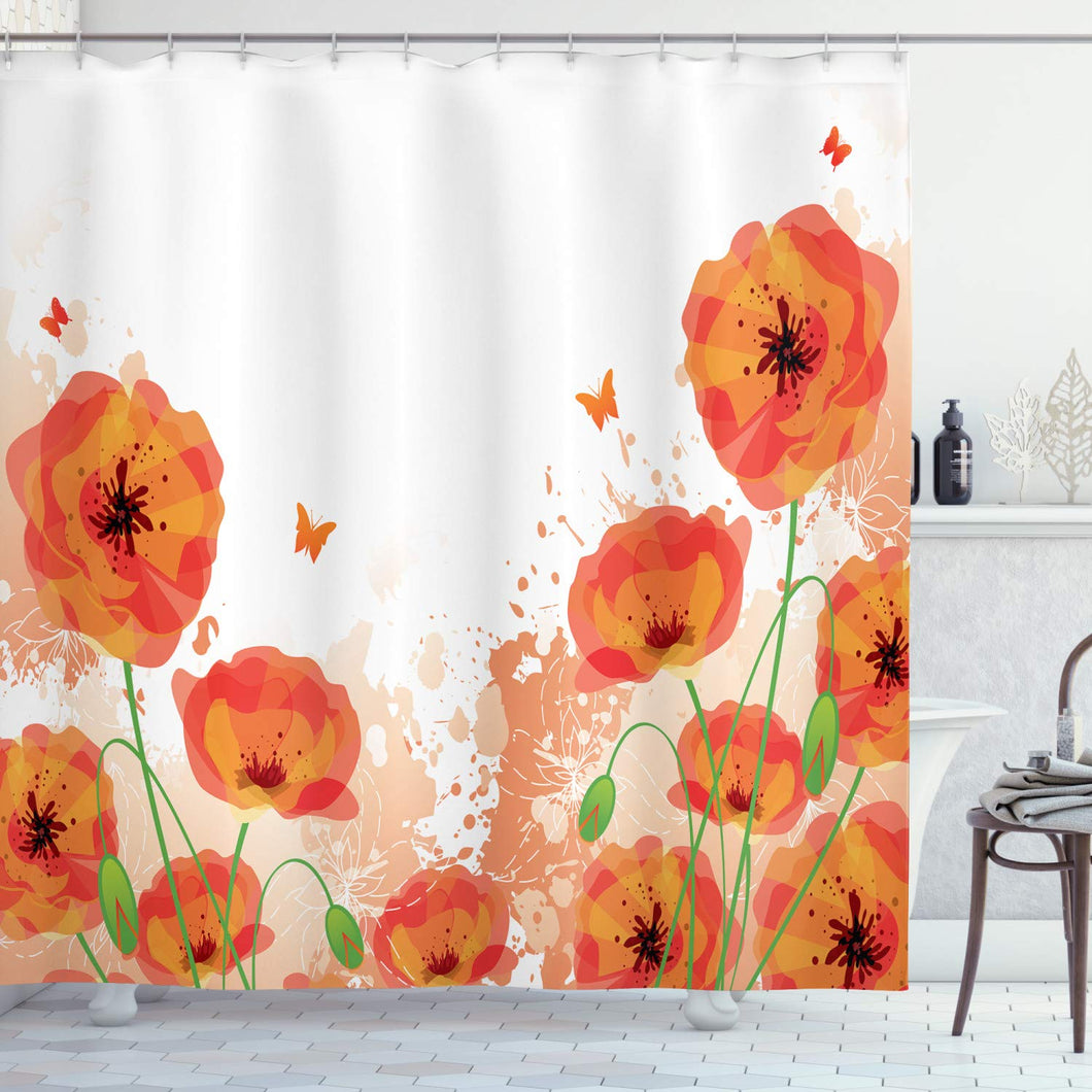 Ambesonne Poppy Shower Curtain, Digital Watercolors Design of Poppy Classic Botany Bouquet Patterns Print, Cloth Fabric Bathroom Decor Set with Hooks, 75