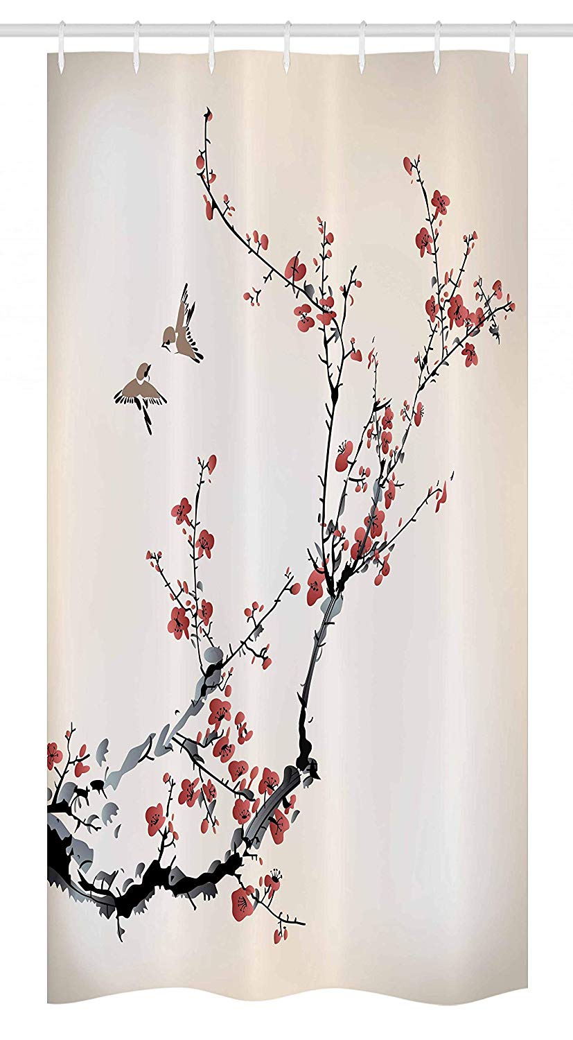 Ambesonne Nature Stall Shower Curtain, Cherry Branches Flowers Buds and Birds Style Artwork with Painting Effect, Fabric Bathroom Decor Set with Hooks, 36