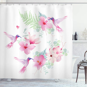 Ambesonne Hummingbirds Shower Curtain, Tropical Flowers with Flying Hummingbirds Wild Nature Blooms, Cloth Fabric Bathroom Decor Set with Hooks, 70" Long, Pink Purple
