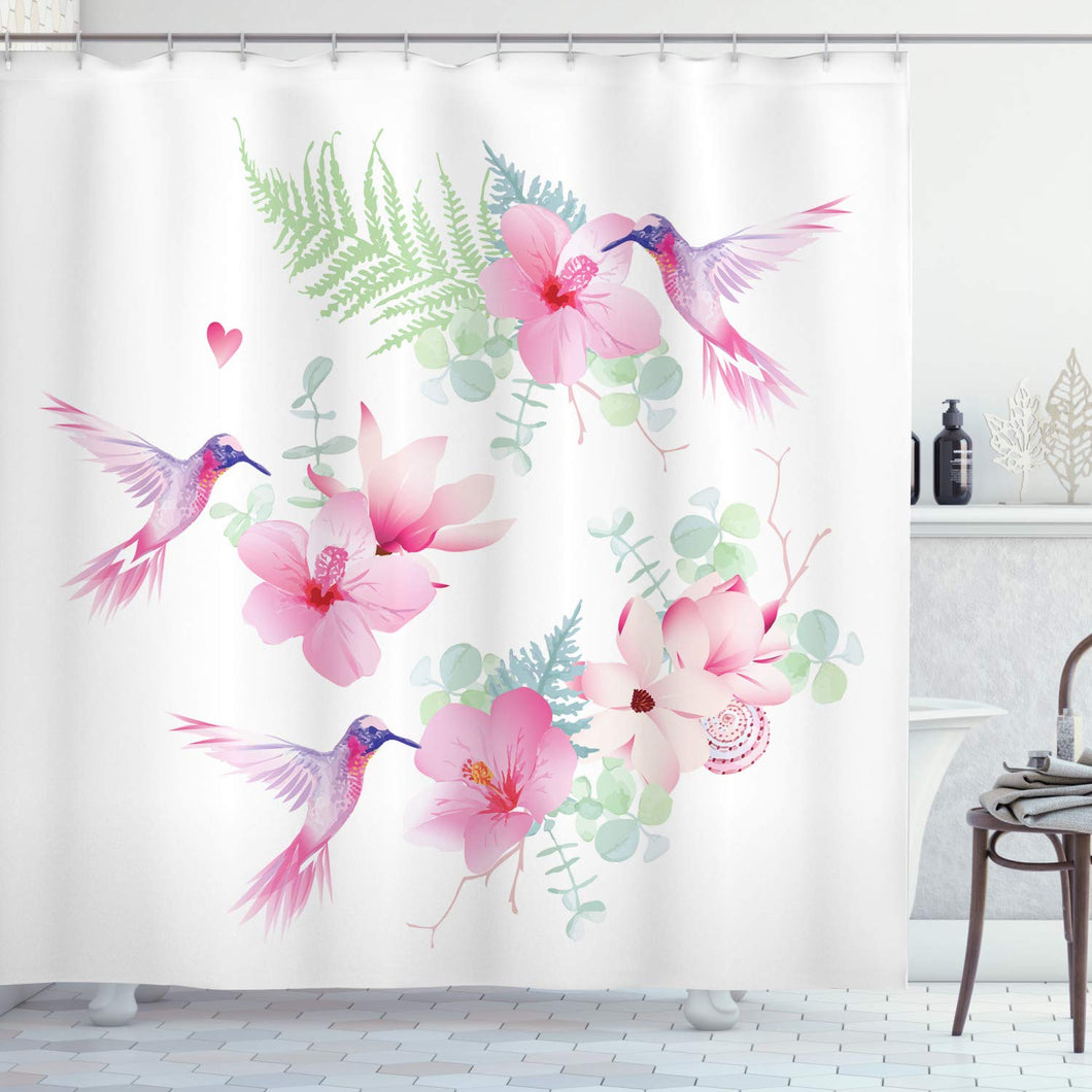 Ambesonne Hummingbirds Shower Curtain, Tropical Flowers with Flying Hummingbirds Wild Nature Blooms, Cloth Fabric Bathroom Decor Set with Hooks, 70
