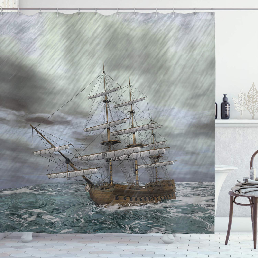 Ambesonne Nautical Shower Curtain, Old Ship on The Ocean in Wave Rainy Stormy Weather Fantasy Illustration, Cloth Fabric Bathroom Decor Set with Hooks, 70