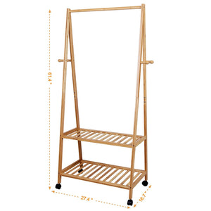Selection songmics rolling coat rack bamboo garment rack clothes hanging rail with 2 shelves 4 hooks for shoes hats and scarves in the hallway living room guest room