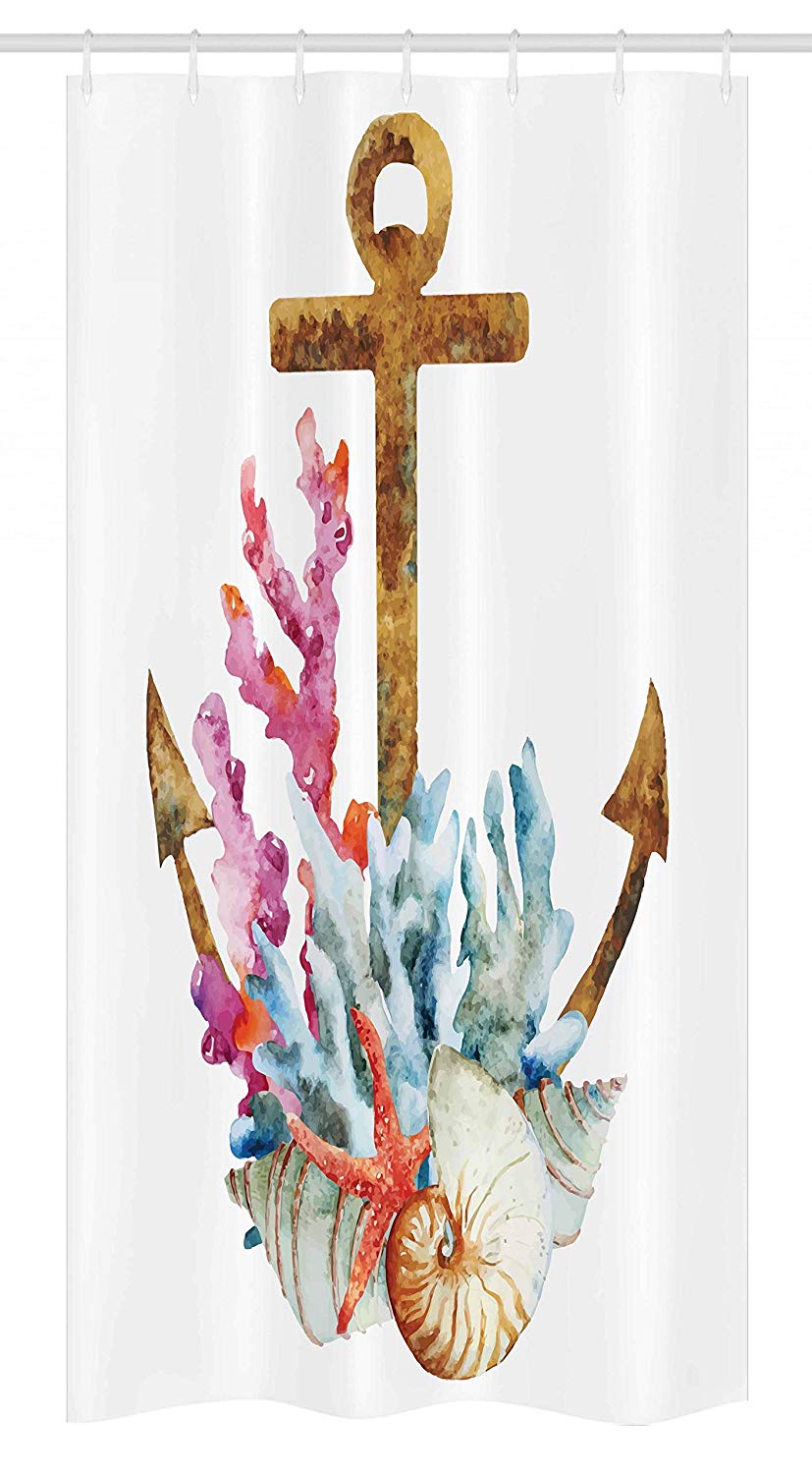 Ambesonne Anchor Stall Shower Curtain, Anchor with Corals Seaweed Nature Deep Sea Underwater Life Diving Enjoyment, Fabric Bathroom Decor Set with Hooks, 36