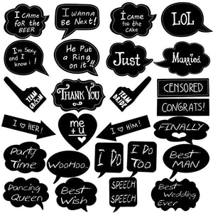 Large Wedding Photo Booth Props 26pcs BizoeRade DIY Party Props, Included 10pcs Black Blank Chalkboard Message Signs & 16pcs Wedding Props with Funny Written TEXT For Weddings Party