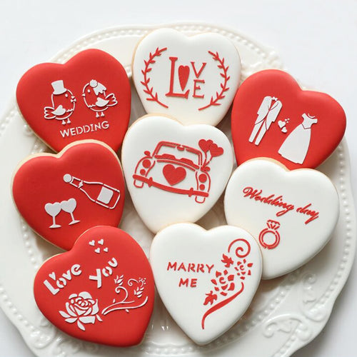Wedding Cookie Cutter Set - Set of 7 - Bridegroom, Bride, Bouquet Flower, Diamond Ring, Plaque Frame, Wedding Cake, and Heart - in Durable Stainless Steel