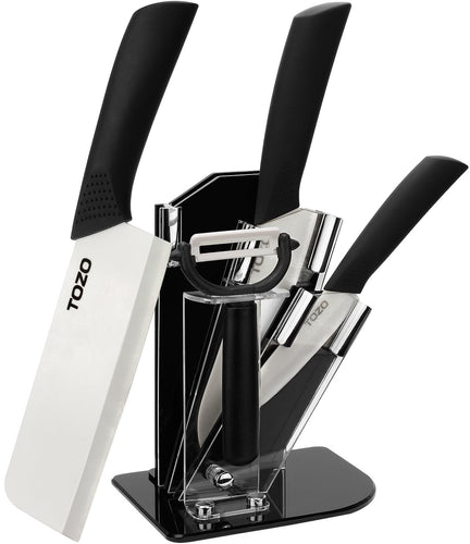 TOZO Ceramic Knife Set - Cutlery Set - Zirconia Ceramic Knife - Include 6.5 inch Slicing Knife, 6-inch Multi-function Knife, 4 inch Fruit Knife, Fruits and Vegetables Plane, the Shelf. (White Blade)