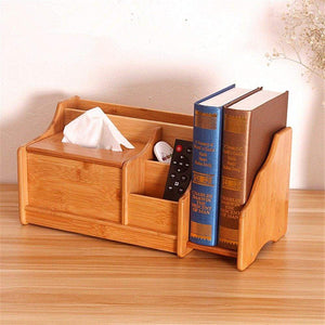 Home volksrose remote control holder bamboo desktop organizer natural storage box with retractable book organizer display shelf rack 5 compartments holders book ends and facial tissue box 5