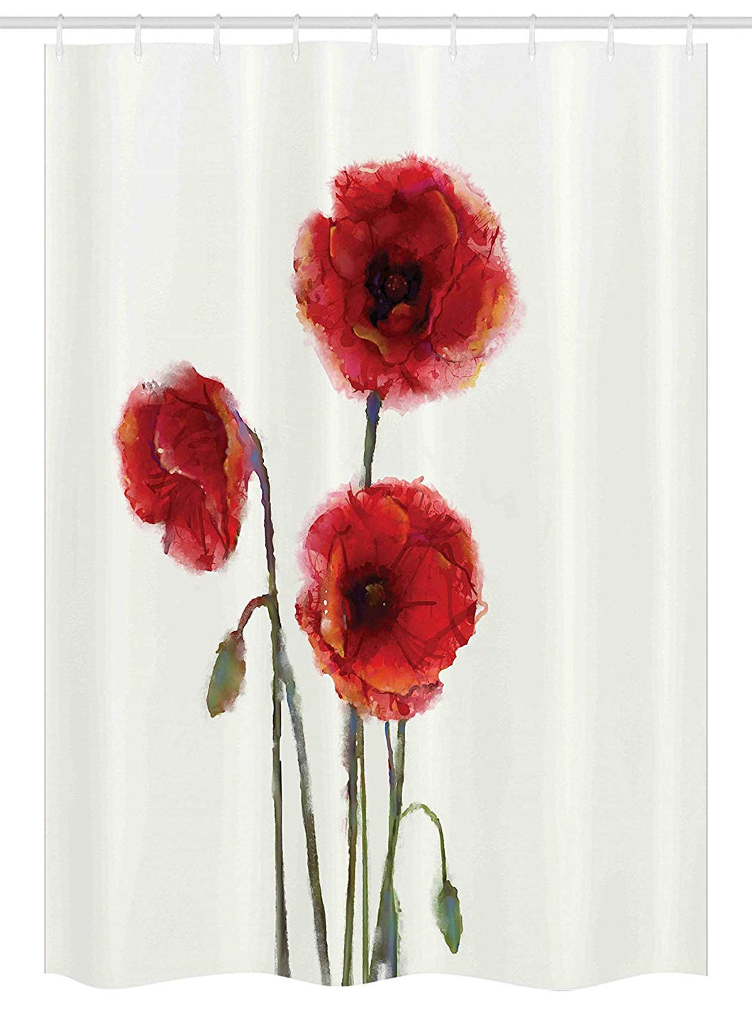 Ambesonne Watercolor Flower Stall Shower Curtain, Poppy Flowers Spring Blossoms with Watercolor Painting Effect, Fabric Bathroom Decor Set with Hooks, 54 W x 78 L inches, White Red Sage Green
