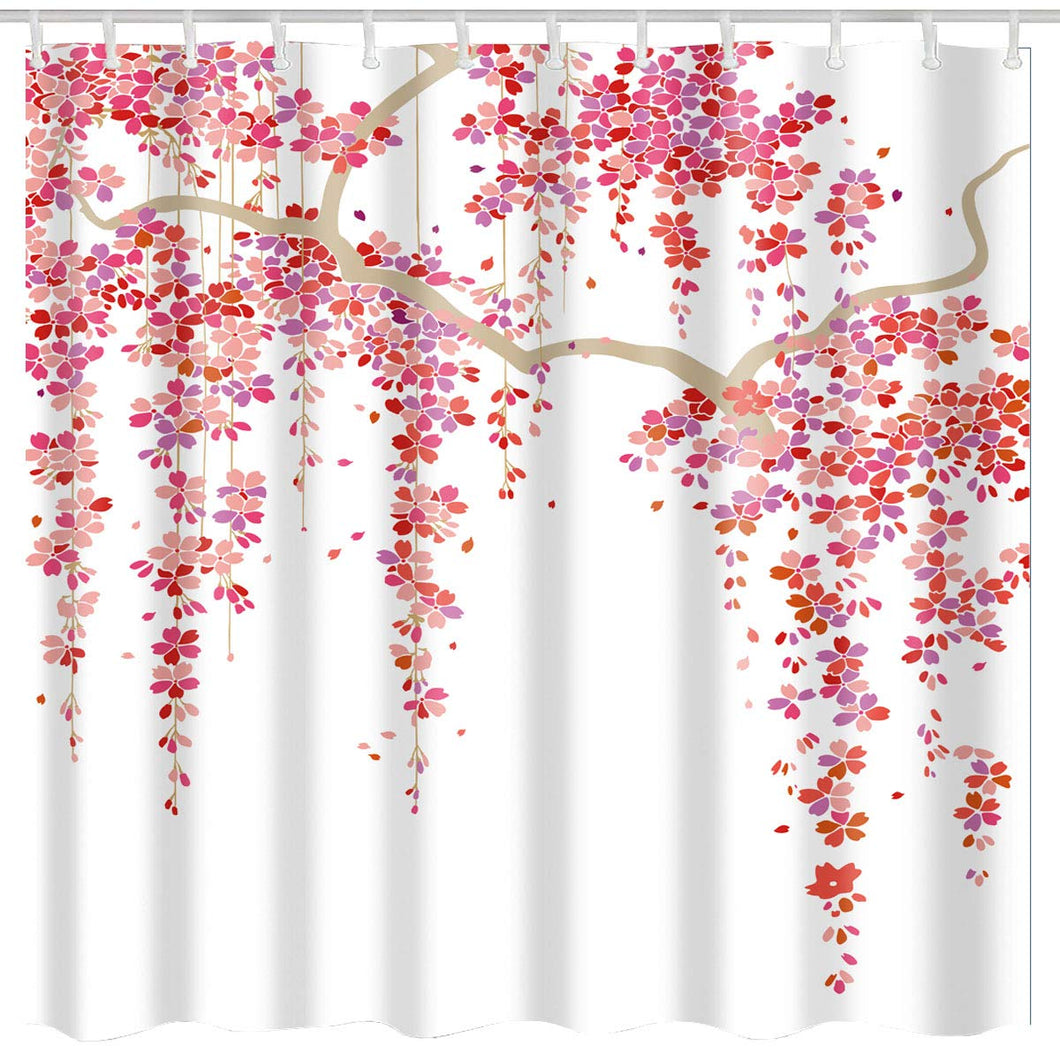 BROSHAN Pink and White Shower Curtains for Girls Bathroom Set, Nature Japanese Cherry Blossom Print Polyester Bath Fabric Shower Curtain with Hooks,72 x 72 Inches