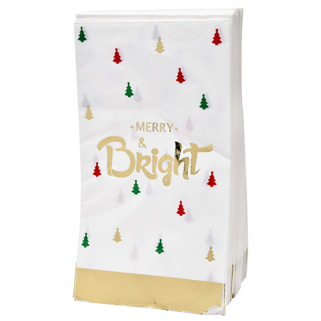 100 Christmas Guest Napkins 3 Ply Disposable Paper Holiday Guest Towels Featuring Merry and Bright in Gold Foil with Christmas Trees in Red, Green and Gold