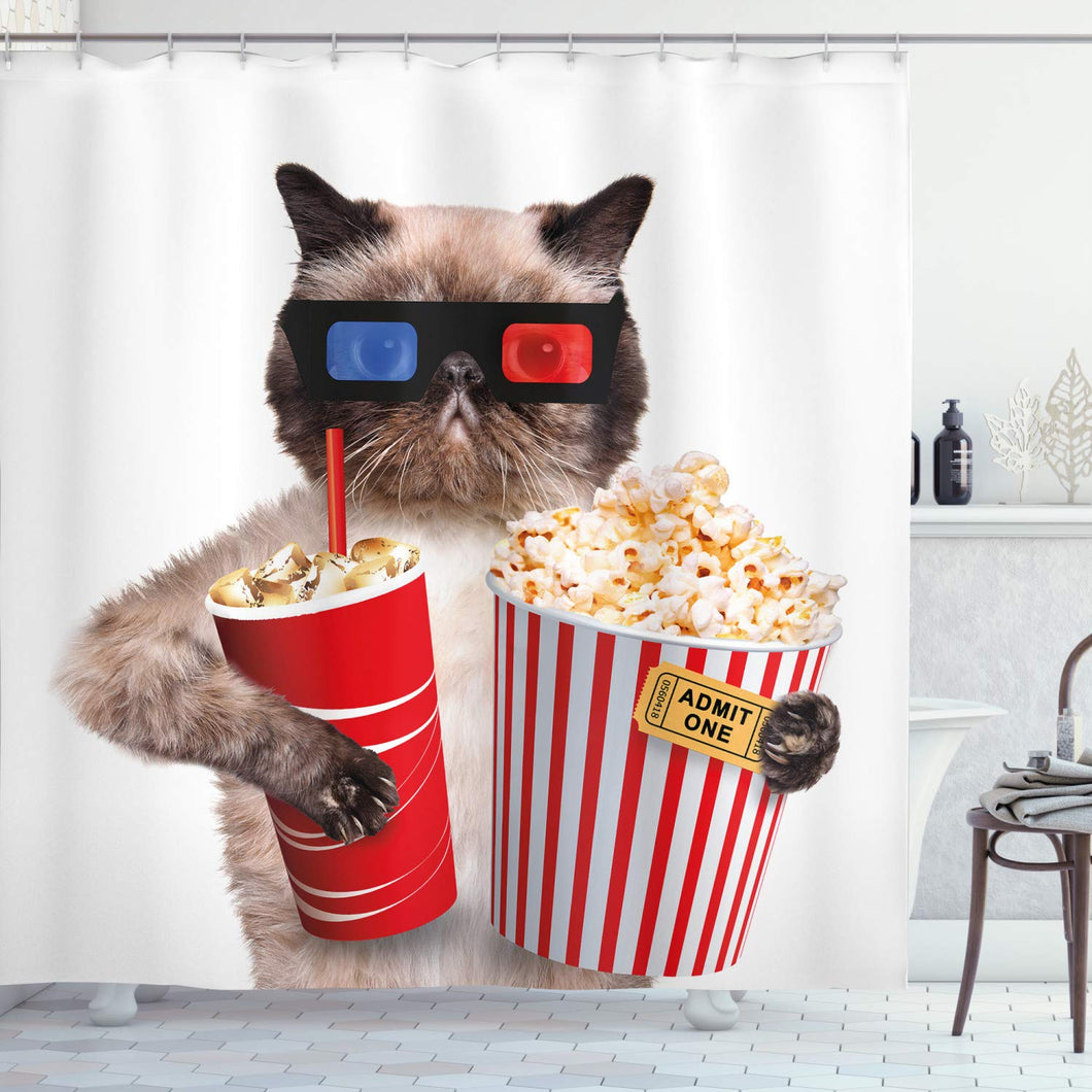 Ambesonne Movie Theater Shower Curtain, Cat with Popcorn and Drink Watching Movie Glasses Entertainment Cinema Fun, Cloth Fabric Bathroom Decor Set with Hooks, 70