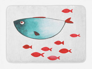 Lunarable Nursery Bath Mat, Fish with Little Underwater Aquatic Life Kids Girls Boys Nursery Theme, Plush Bathroom Decor Mat with Non Slip Backing, 29.5" X 17.5", Vermilion Teal