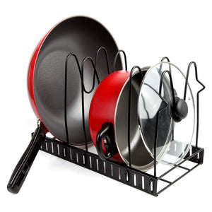 Discover height adjustable pan organizer rack vdomus pan and pot lid holder black metal black