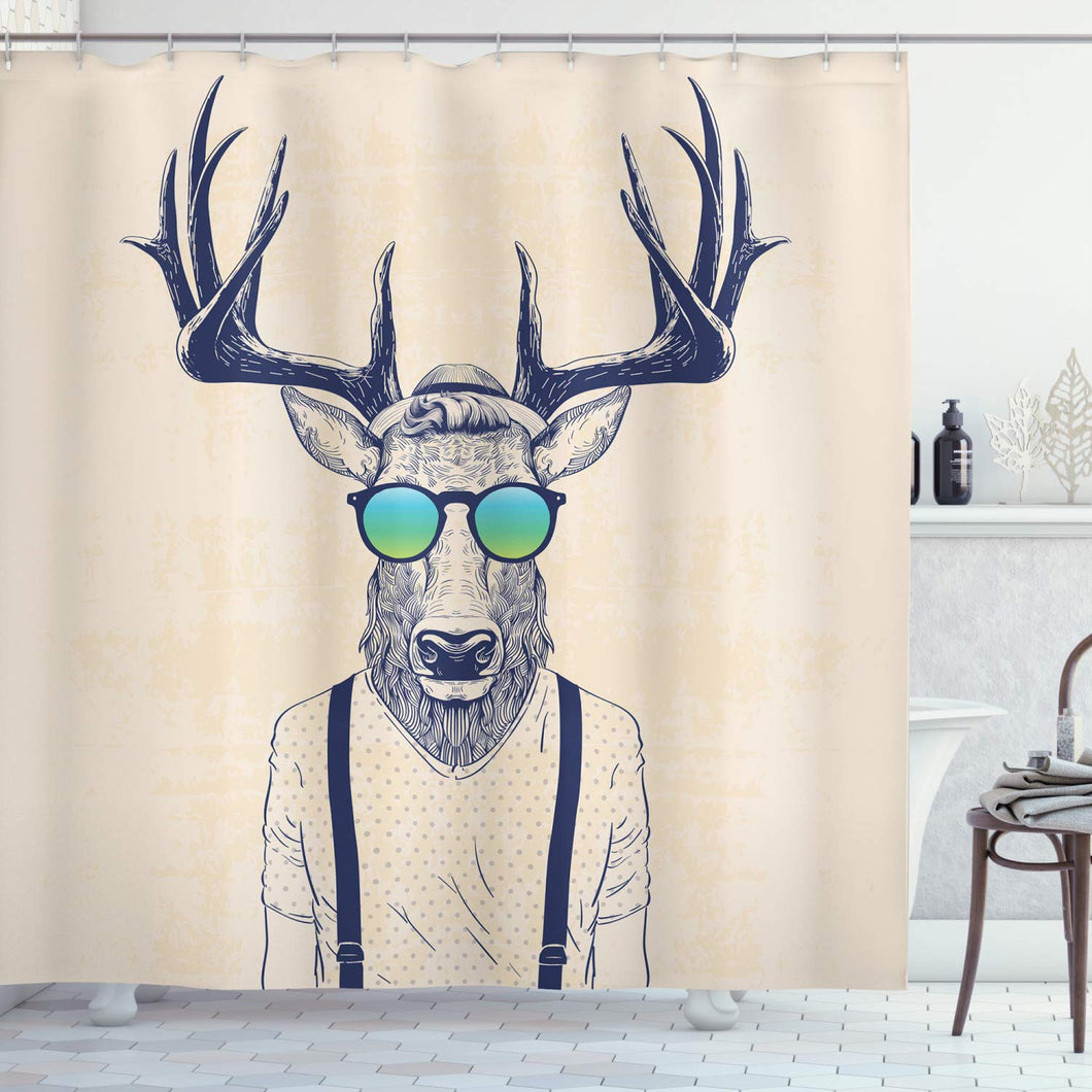Ambesonne Antlers Decor Shower Curtain, Illustration of Deer Dressed Up Like Cool Hipster Fashion Creative Fun Animal Art Print, Polyester Fabric Bathroom Shower Curtain Set with Hooks, Beige Black